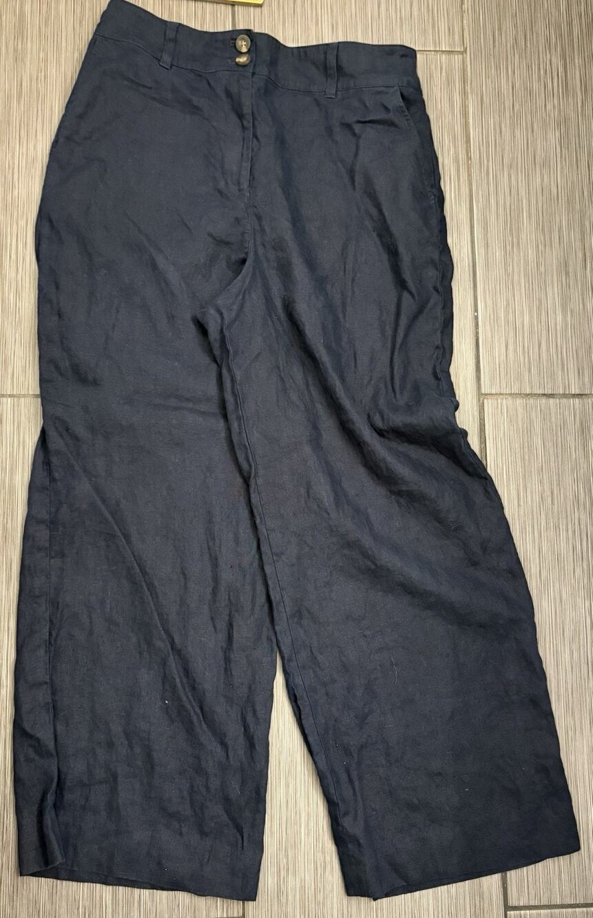 Boden Wide Leg Linen Trousers Women’s Size 12R Navy Blue Coastal High Rise
